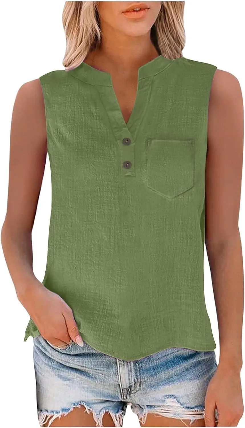 TARIENDY Tank Top for Women Loose Fit V Neck Sleeveless Shirts Trendy 2025 Button Down Beach Vacation Outfits with Pocket