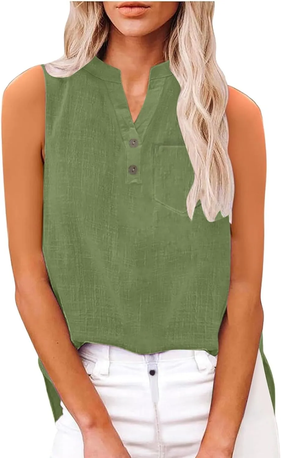 TARIENDY Tank Top for Women Loose Fit V Neck Sleeveless Shirts Trendy 2025 Button Down Beach Vacation Outfits with Pocket