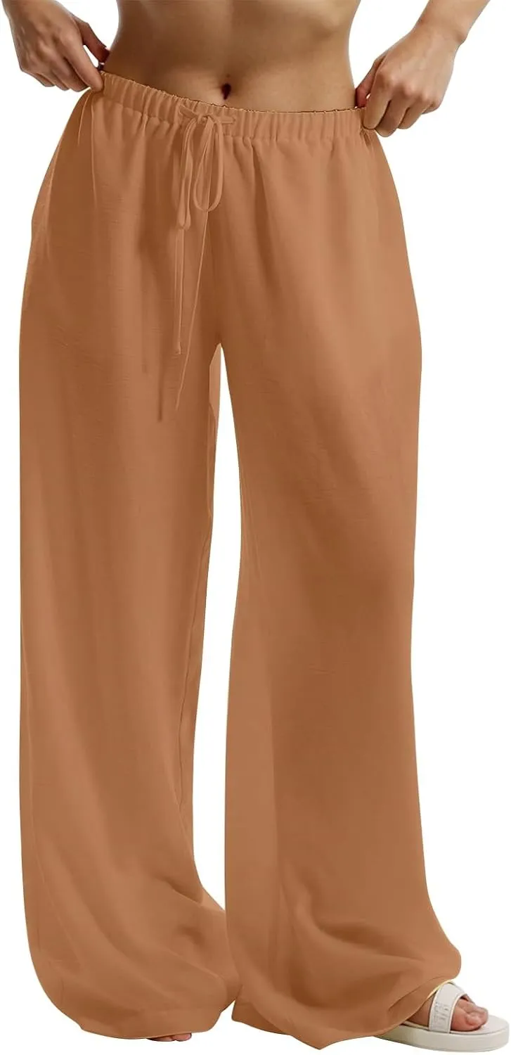 Wide Leg Linen Pants for Women Casual Drawstring Waist Palazzo Pants Lightweight Beach Trousers with Pockets