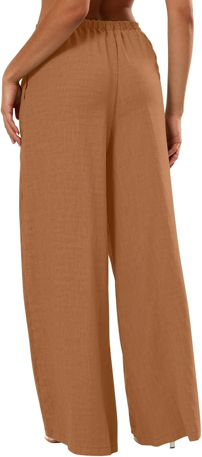 Wide Leg Linen Pants for Women Casual Drawstring Waist Palazzo Pants Lightweight Beach Trousers with Pockets