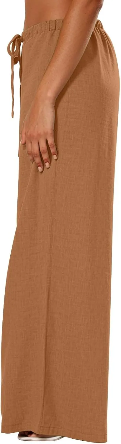Wide Leg Linen Pants for Women Casual Drawstring Waist Palazzo Pants Lightweight Beach Trousers with Pockets