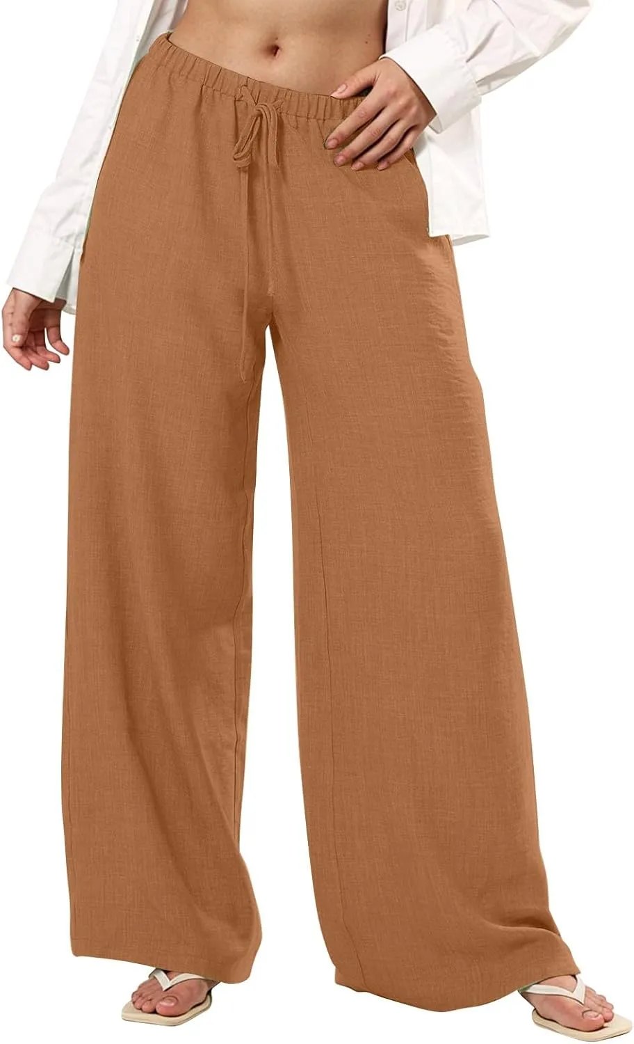 Wide Leg Linen Pants for Women Casual Drawstring Waist Palazzo Pants Lightweight Beach Trousers with Pockets