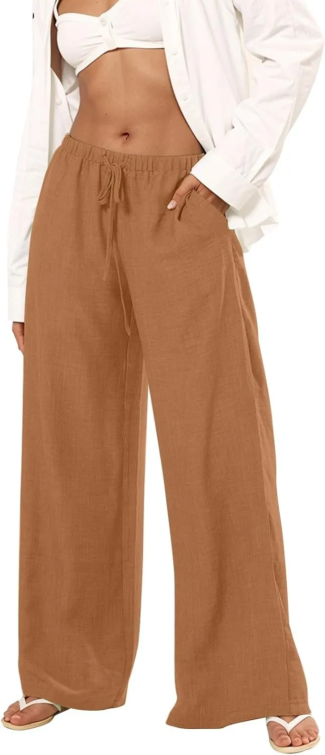Wide Leg Linen Pants for Women Casual Drawstring Waist Palazzo Pants Lightweight Beach Trousers with Pockets