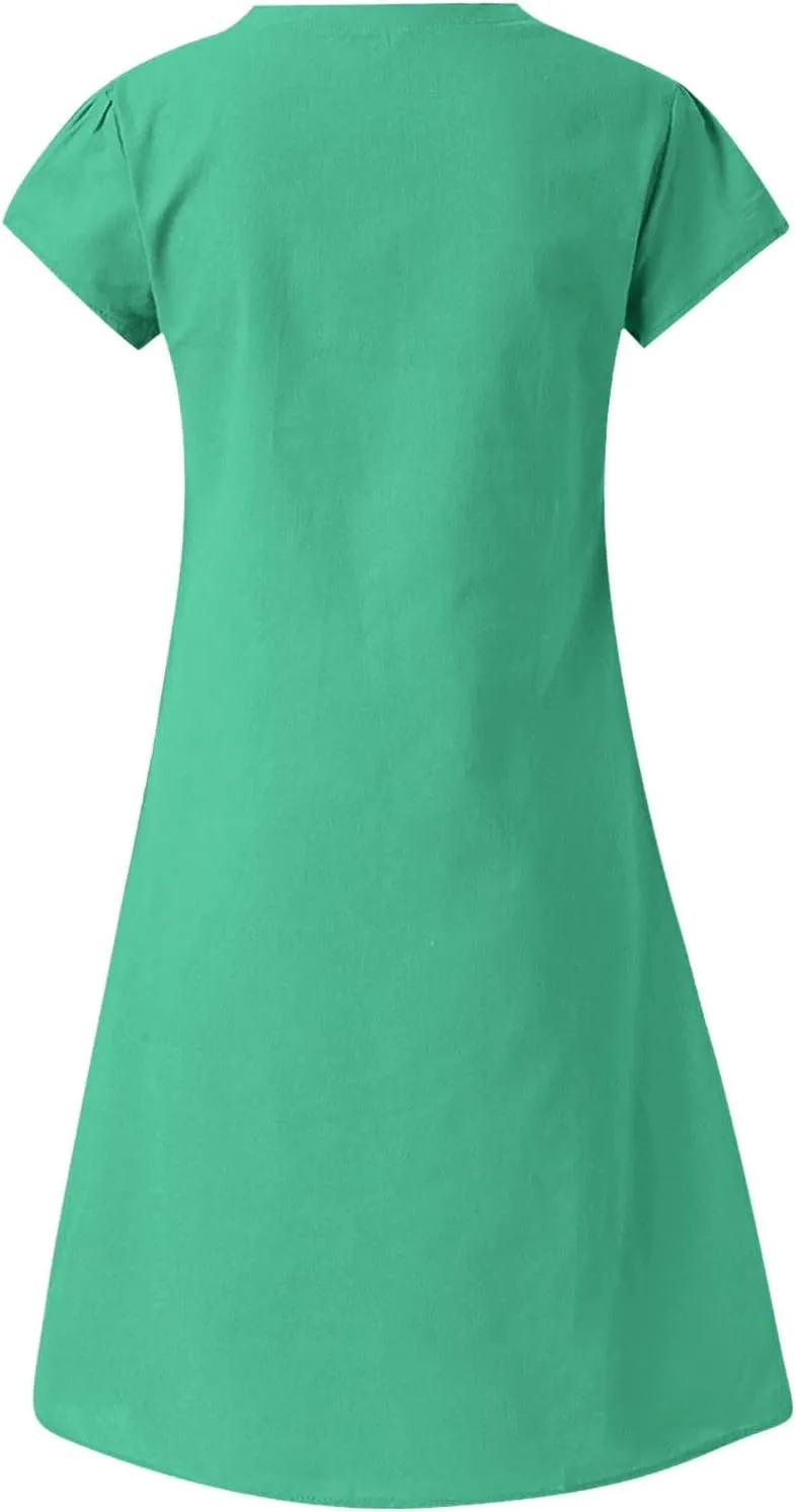 Women's Cotton Linen Midi Dress Classic V Neck Short Sleeve Casual Loose Tshirt Dresses Summer Solid Beach Sundress