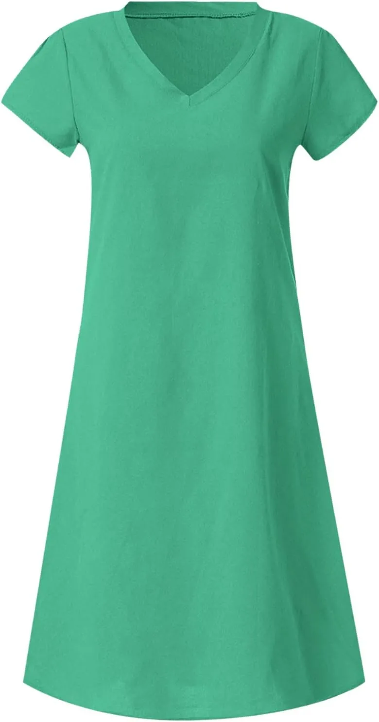 Women's Cotton Linen Midi Dress Classic V Neck Short Sleeve Casual Loose Tshirt Dresses Summer Solid Beach Sundress