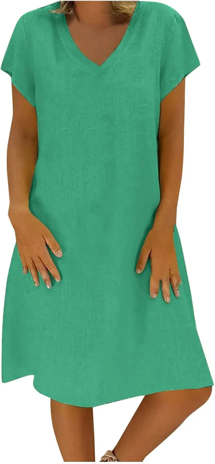 Women's Cotton Linen Midi Dress Classic V Neck Short Sleeve Casual Loose Tshirt Dresses Summer Solid Beach Sundress