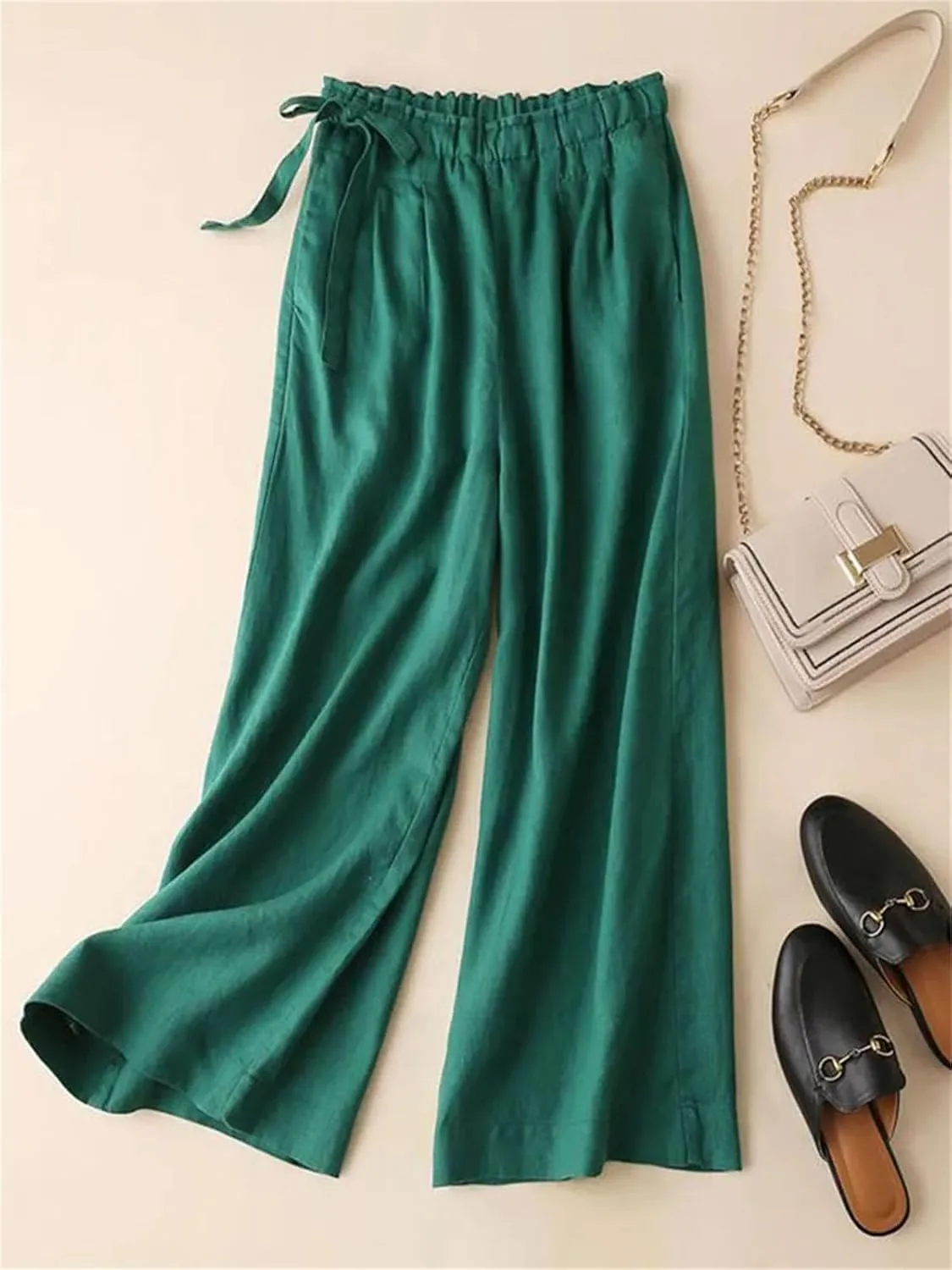 Women’s Cotton Linen Vintage Straight Leg Pants Elastic Waist Casual Year-Round Trousers