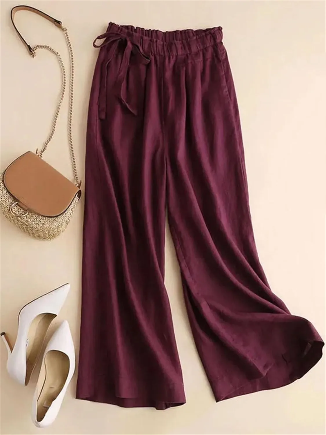 Women’s Cotton Linen Vintage Straight Leg Pants Elastic Waist Casual Year-Round Trousers