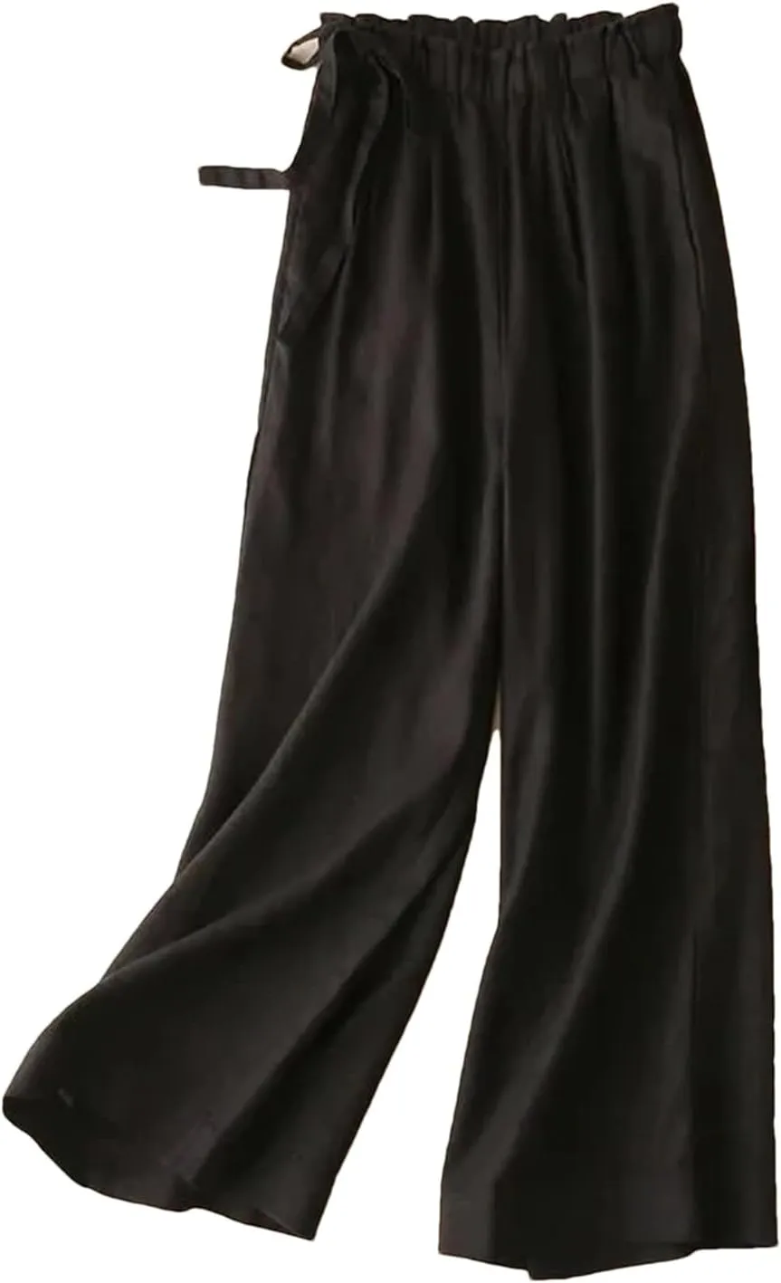 Women’s Cotton Linen Vintage Straight Leg Pants Elastic Waist Casual Year-Round Trousers