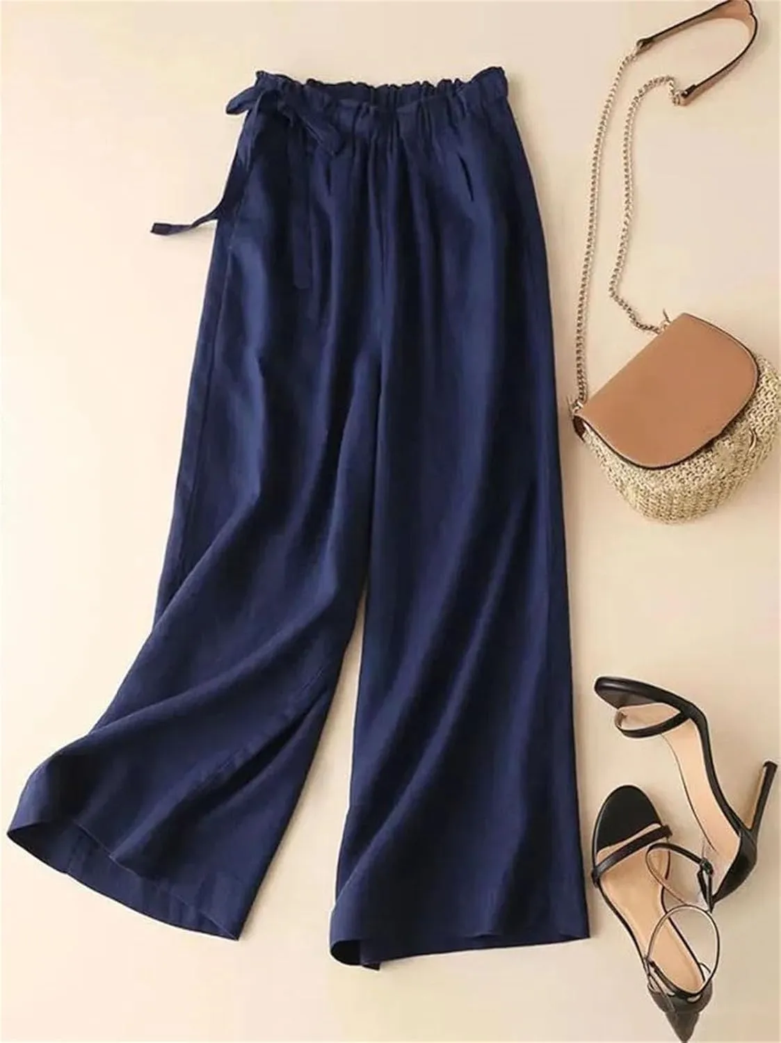 Women’s Cotton Linen Vintage Straight Leg Pants Elastic Waist Casual Year-Round Trousers