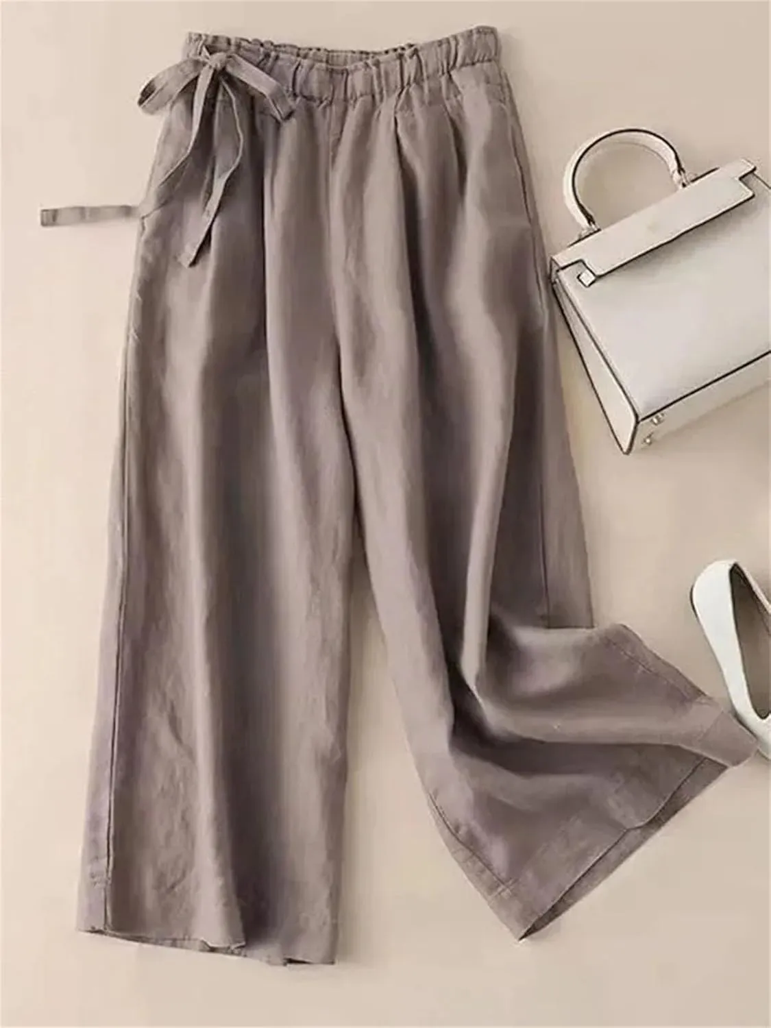 Women’s Cotton Linen Vintage Straight Leg Pants Elastic Waist Casual Year-Round Trousers