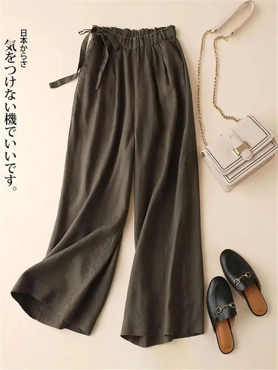 Women’s Cotton Linen Vintage Straight Leg Pants Elastic Waist Casual Year-Round Trousers