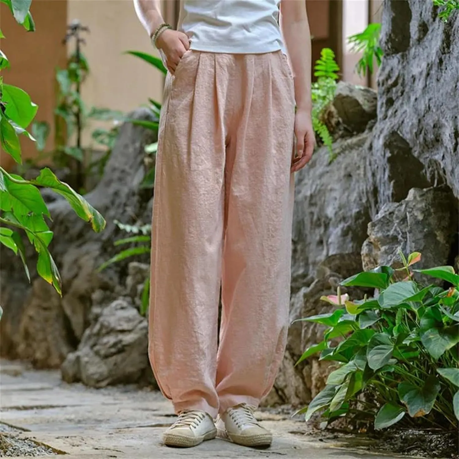 Women’s Linen Solid Color Straight Leg Pants Elastic Waist Relaxed Fit Casual Year-Round Trousers