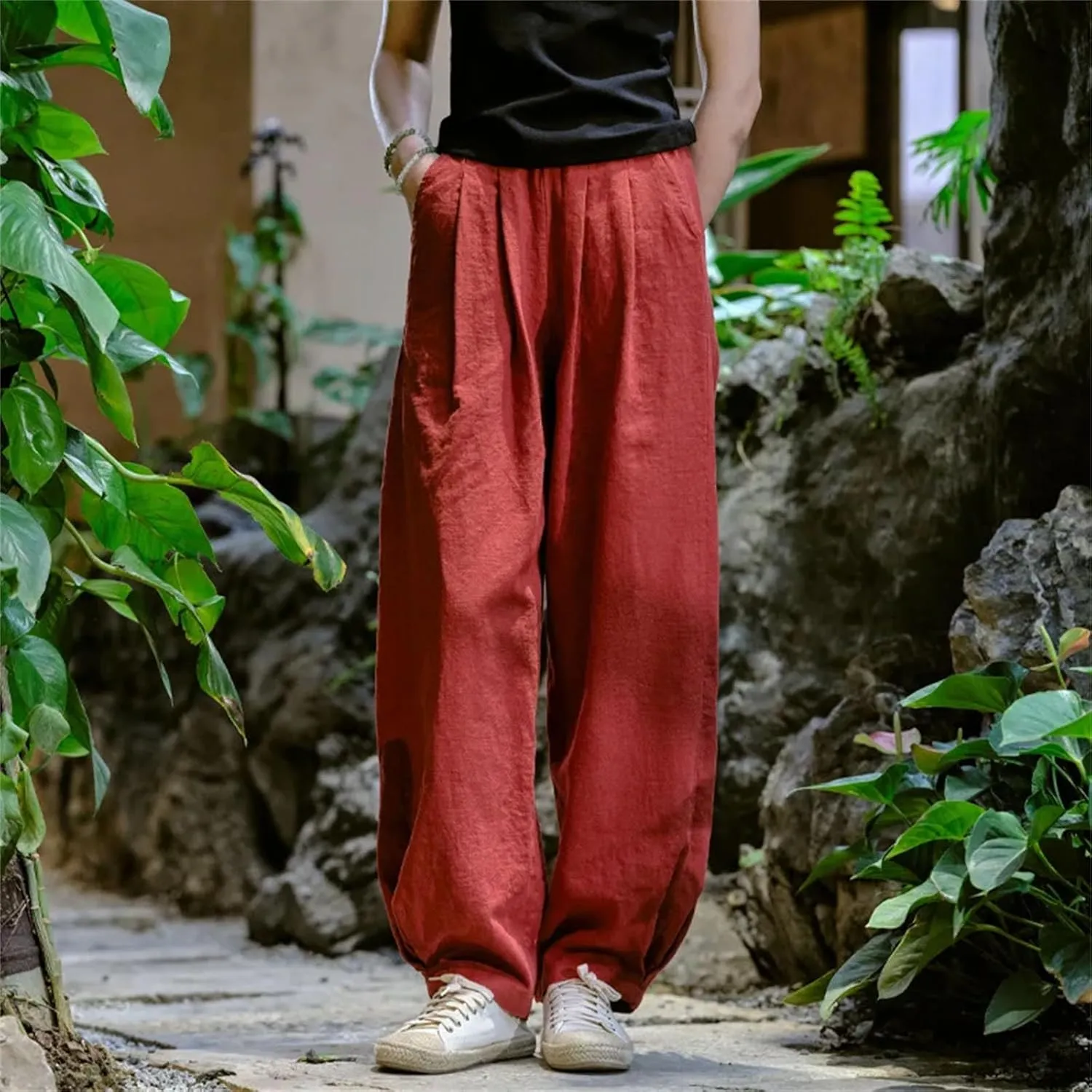 Women’s Linen Solid Color Straight Leg Pants Elastic Waist Relaxed Fit Casual Year-Round Trousers