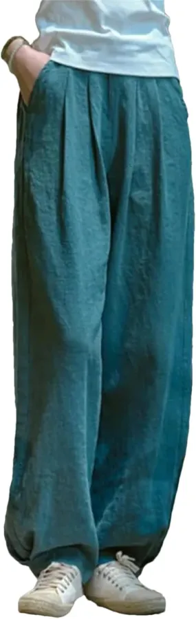 Women’s Linen Solid Color Straight Leg Pants Elastic Waist Relaxed Fit Casual Year-Round Trousers