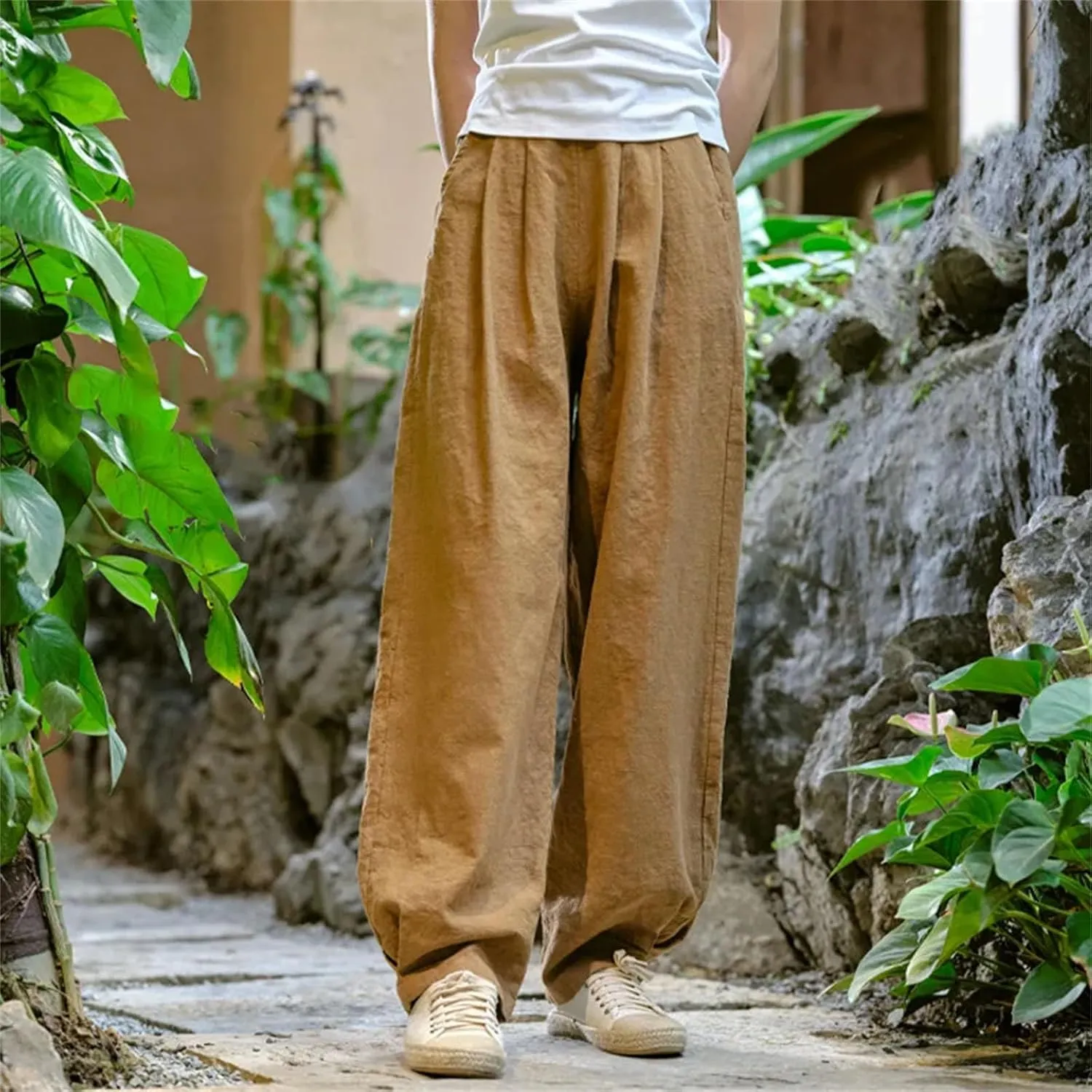 Women’s Linen Solid Color Straight Leg Pants Elastic Waist Relaxed Fit Casual Year-Round Trousers