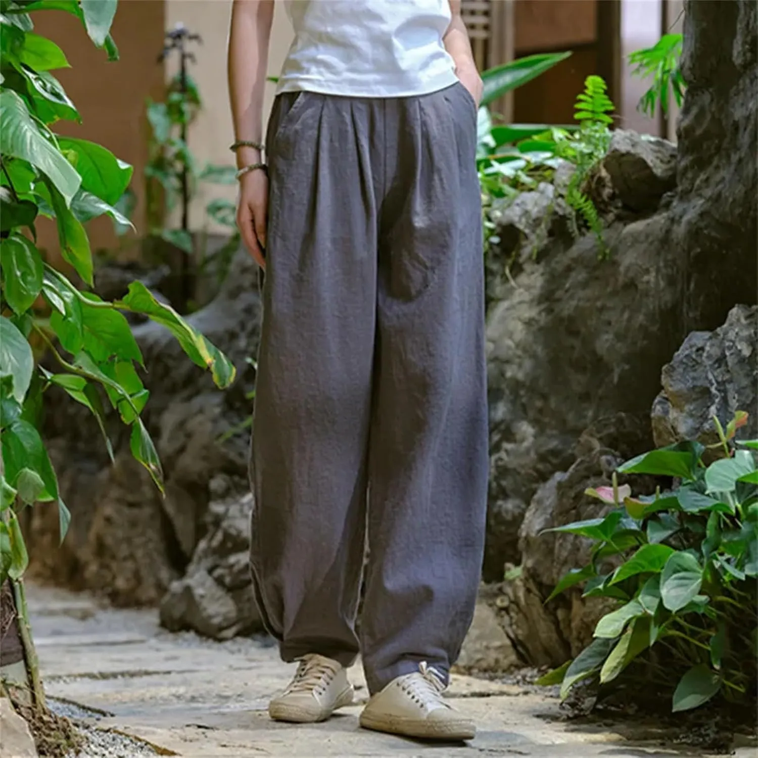 Women’s Linen Solid Color Straight Leg Pants Elastic Waist Relaxed Fit Casual Year-Round Trousers