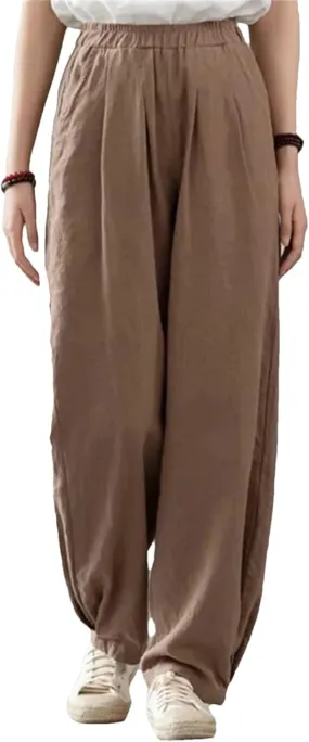 Women’s Linen Solid Color Straight Leg Pants Elastic Waist Relaxed Fit Casual Year-Round Trousers