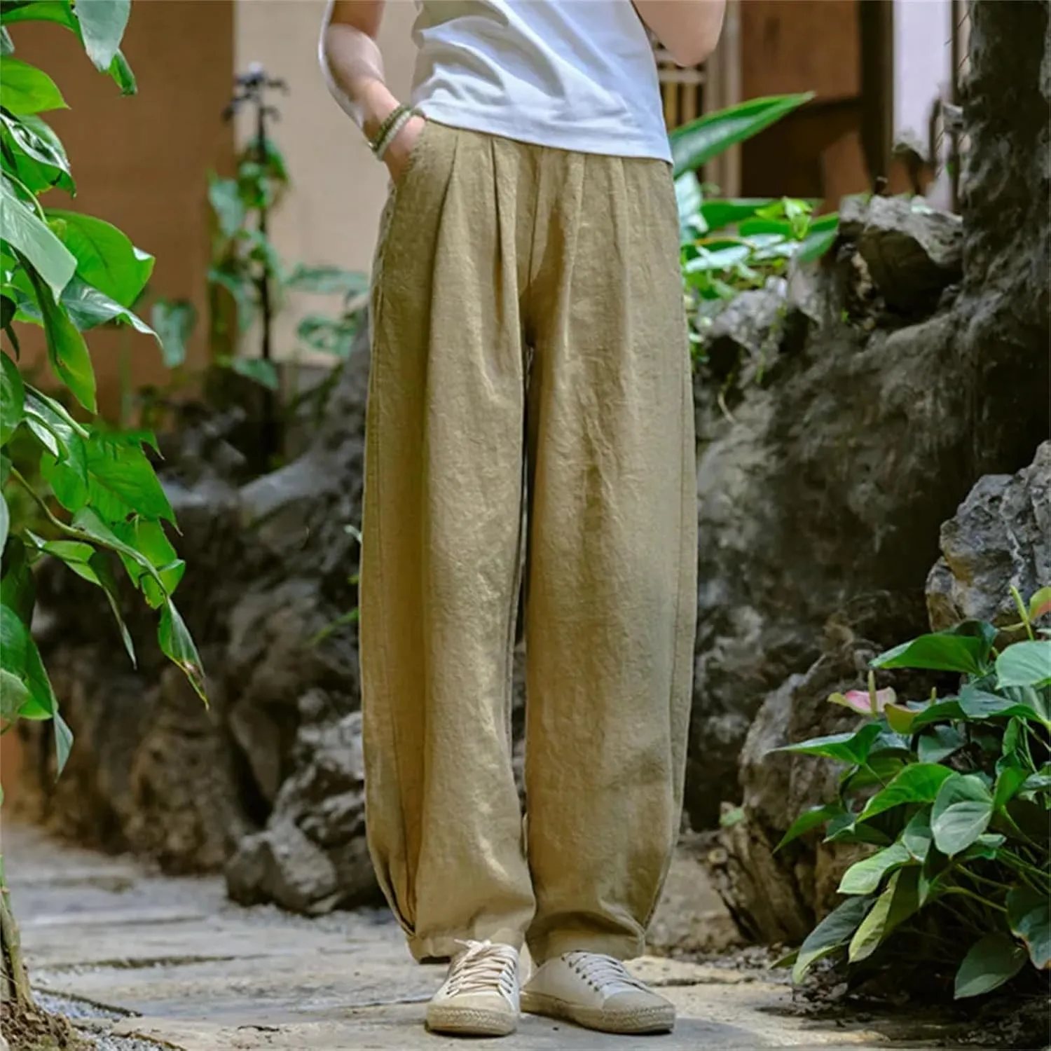 Women’s Linen Solid Color Straight Leg Pants Elastic Waist Relaxed Fit Casual Year-Round Trousers