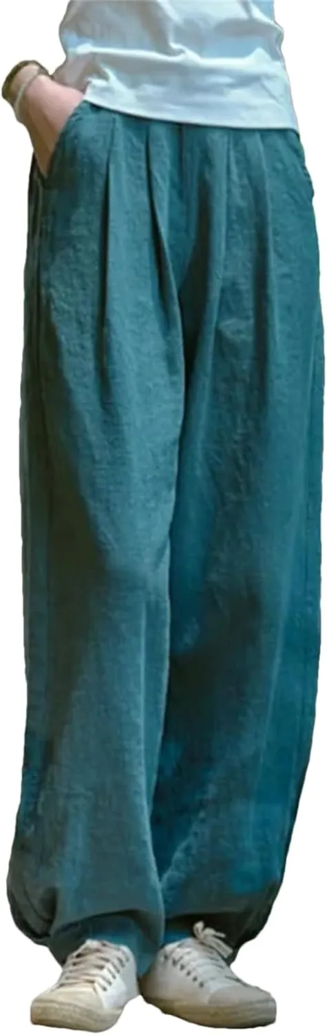 Women’s Linen Solid Color Straight Leg Pants Elastic Waist Relaxed Fit Casual Year-Round Trousers
